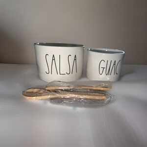 Rae Dunn Guac and Salsa Artisan Dip Bowl Set Bamboo Spoons Rare Mexican Open Box